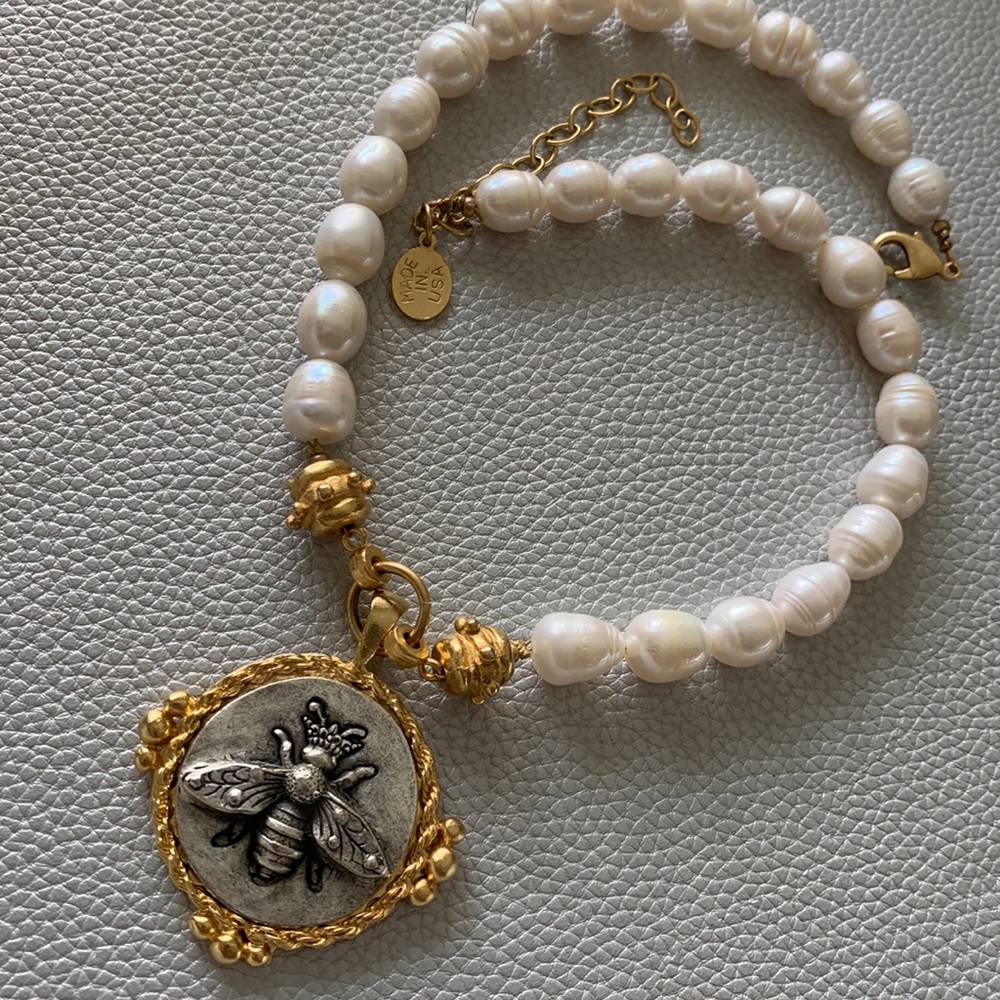 Bee necklace with real Freshwater pearls 24handcast gold designer by Susan Shaw